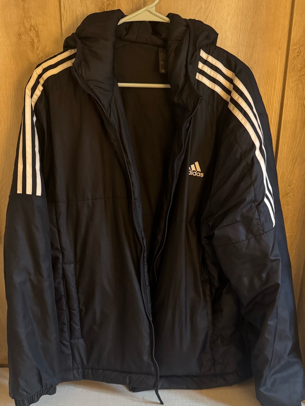 Adidas Men’s Blue Puffer Jacket with White Stripes